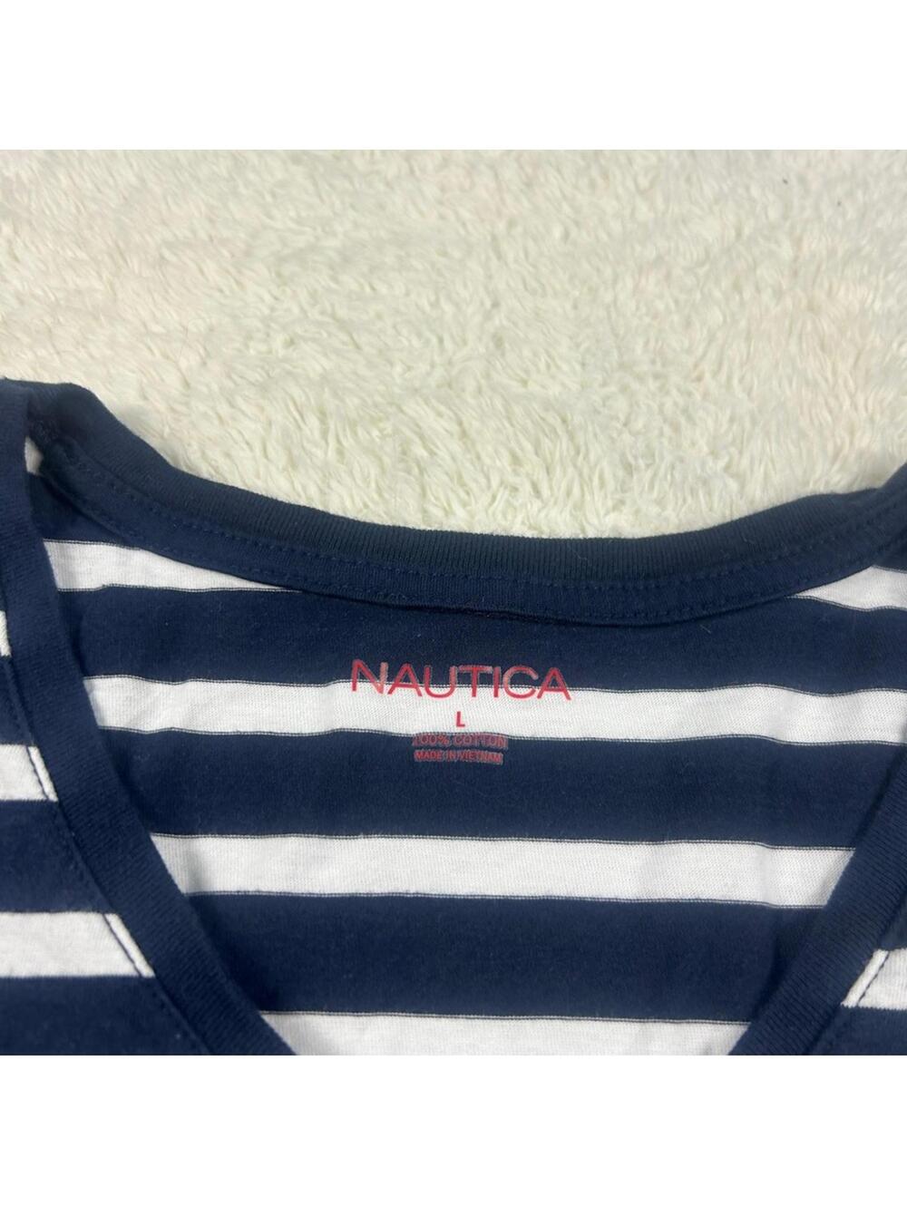 Nautica Women's Navy White Striped V-Neck Short Sleeve Tee Shirt Casual Top - Picture 7 of 9
